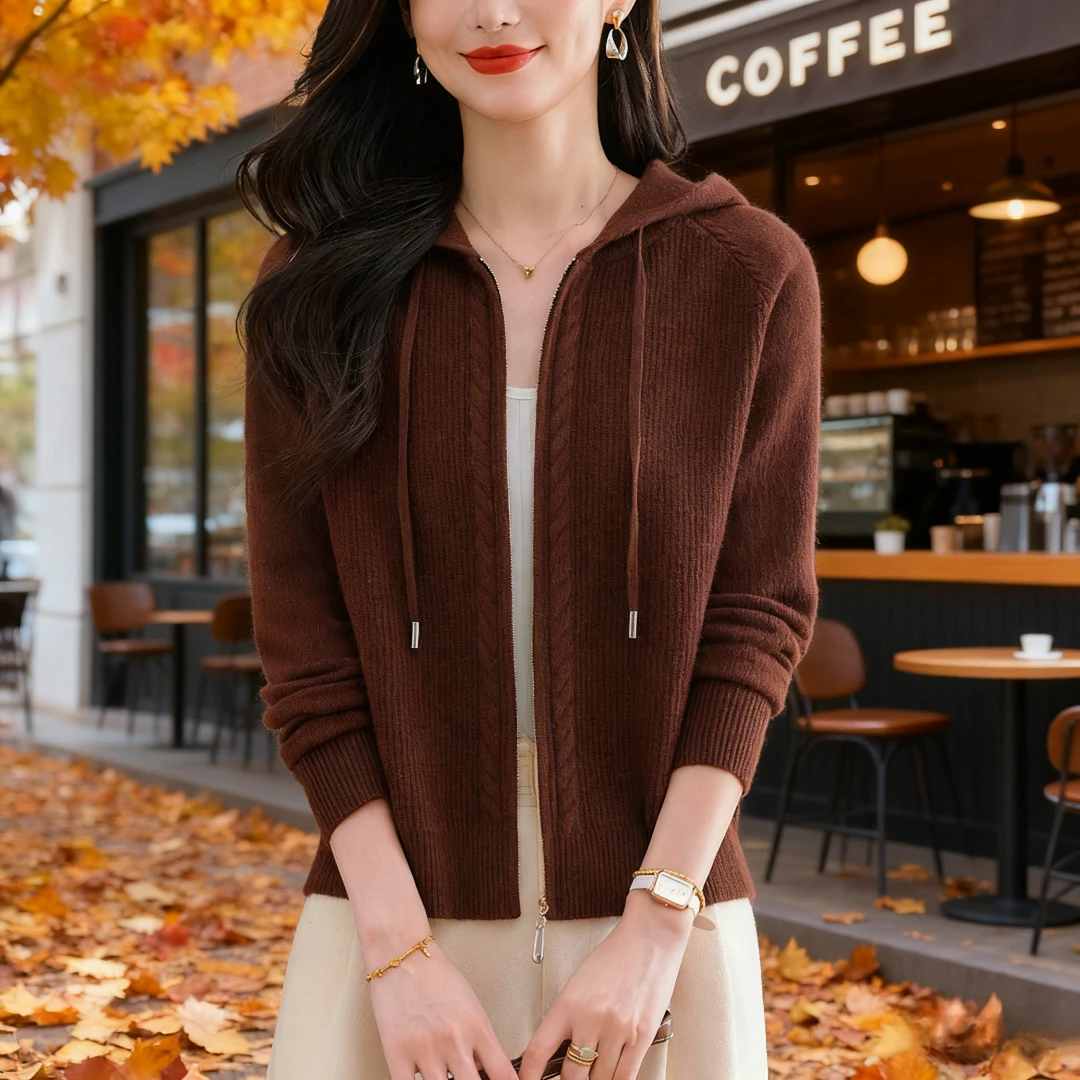 春秋新款连帽卫衣针织衫羊毛开衫毛衣外搭短款外套女士