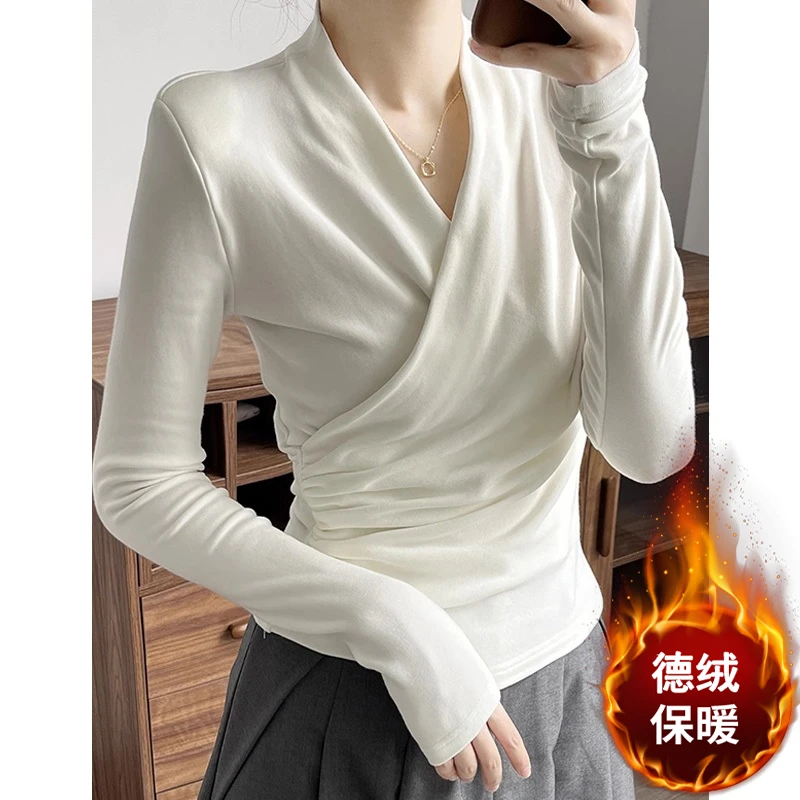 双面德绒高级感交叉V领长袖t恤打底衫女2026新款内搭小众短款上衣