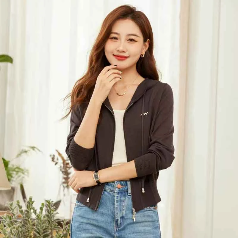 品牌莱赛尔天丝针织衫女2025春秋长袖连帽拉链开衫毛衣小款毛衣