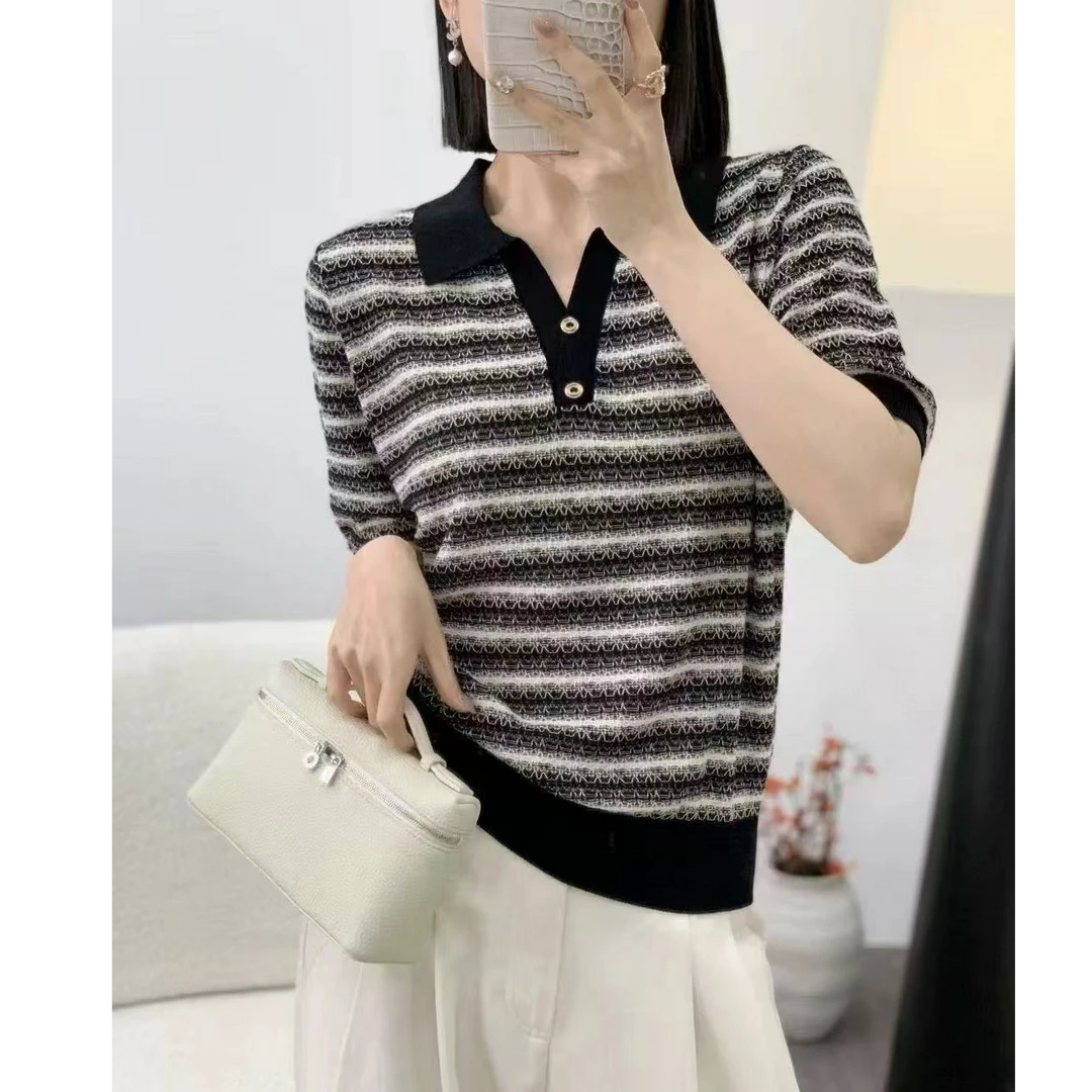 条纹V领莱赛尔短袖针织开衫女2025夏季上衣