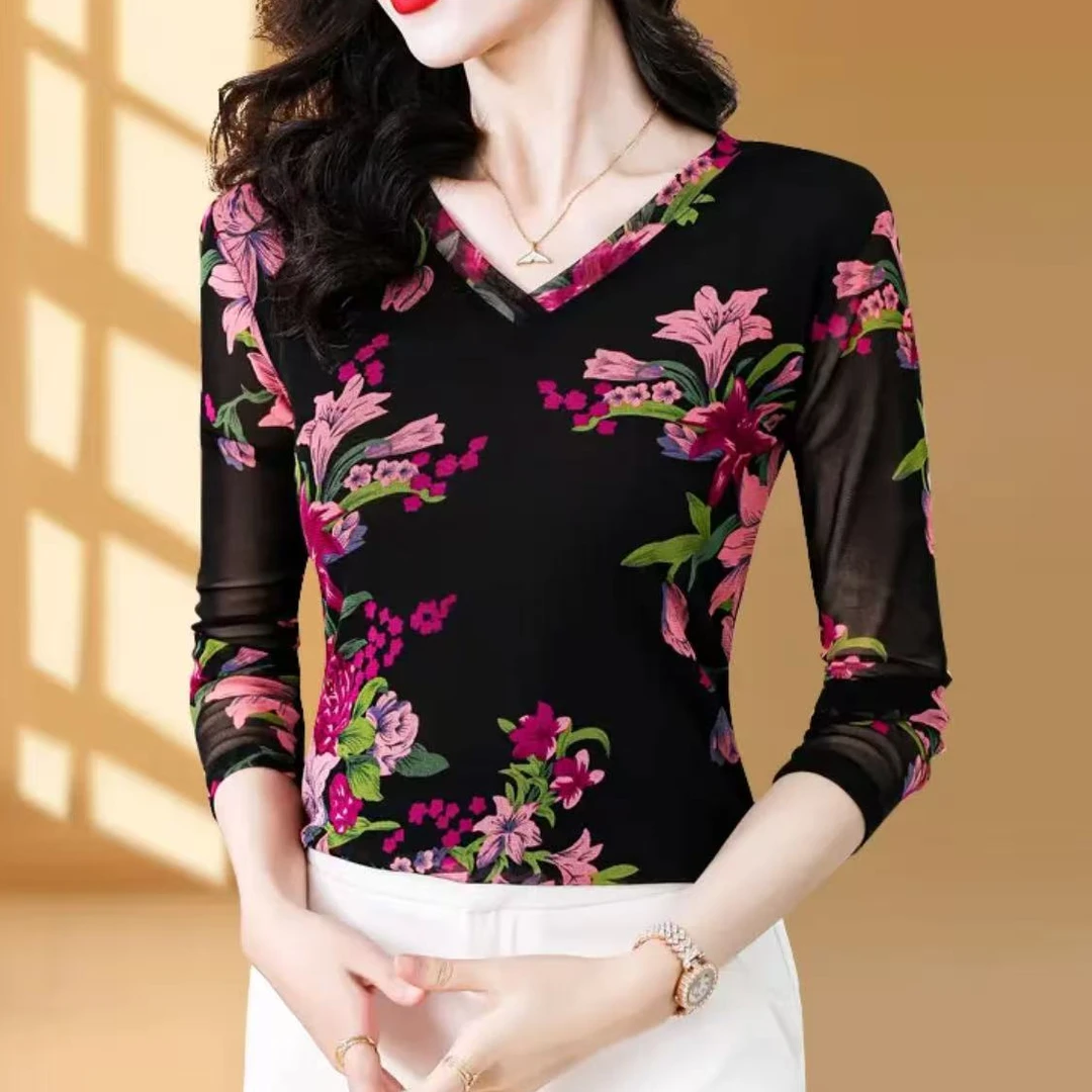 高弹肌肤纱长袖T恤遮肉显瘦时尚单穿内搭上衣女