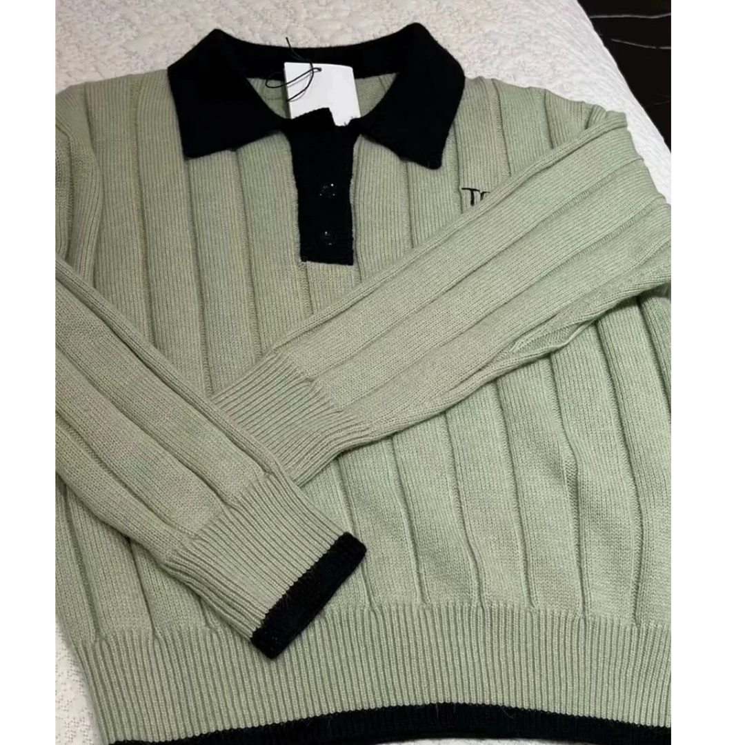 1328青绿色翻领时尚秋冬上衣开衫秋冬女长袖圆领针织衫毛衣