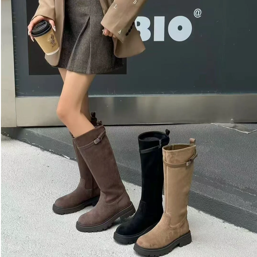 秋冬新款韩版通勤瘦瘦简约厚底裸靴长靴62-8355(加绒)