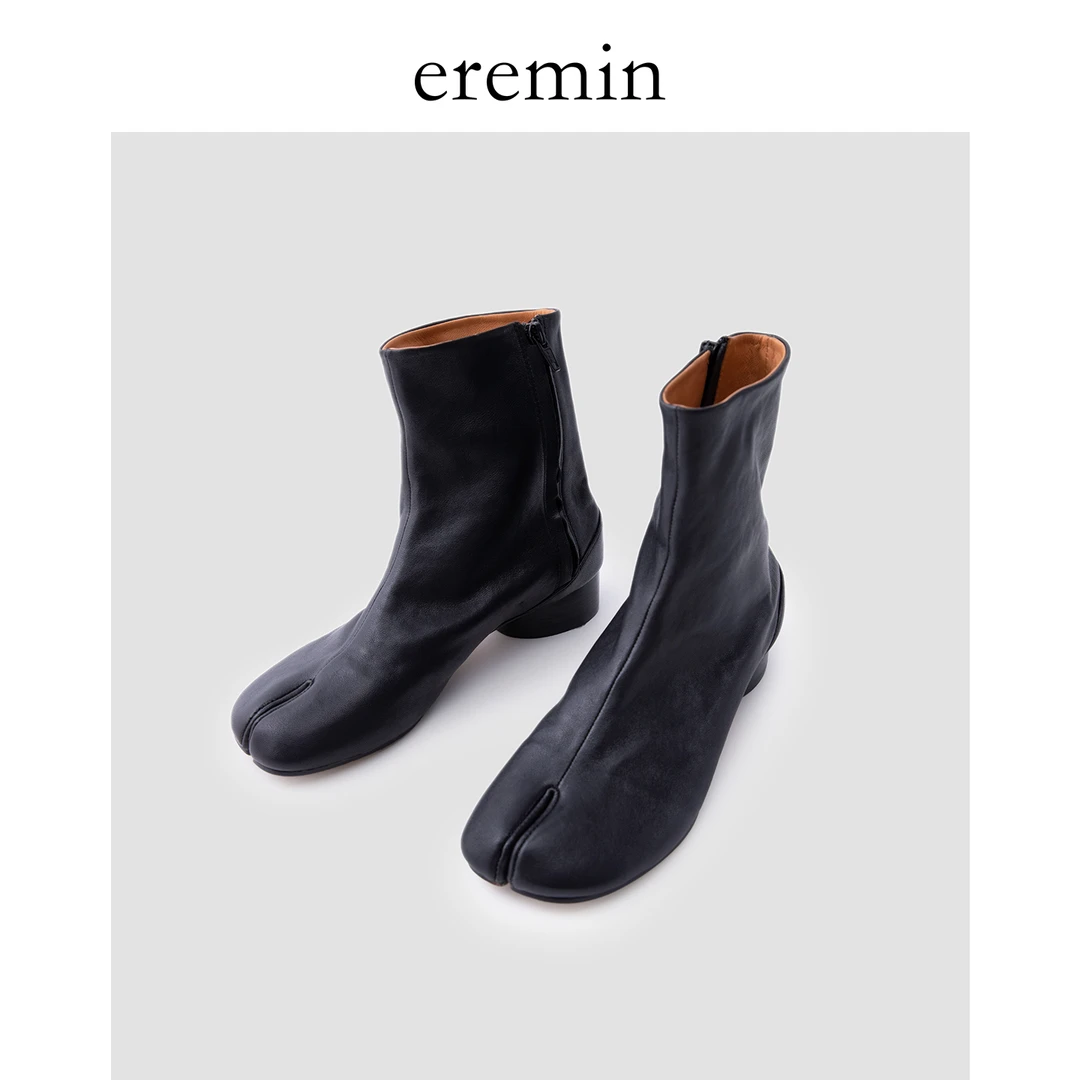 Min 植鞣羊皮粗跟分趾鞋复古秋冬真皮中筒靴