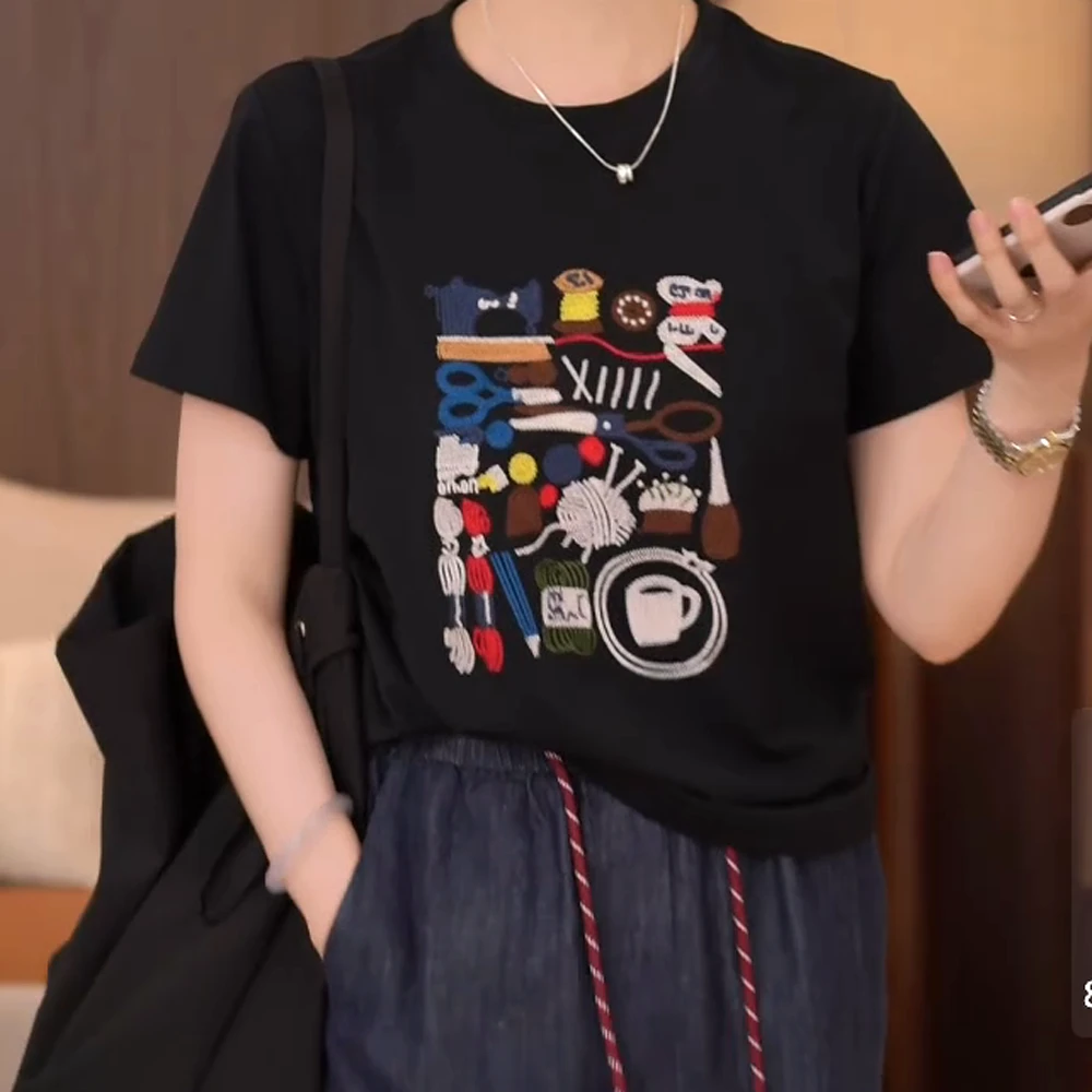 【纪念品】韩系夏季百搭显瘦圆领重工刺绣百搭T恤短袖上衣女夏季