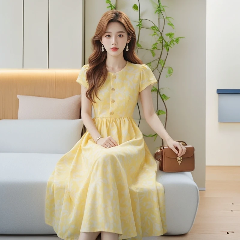 哥弟阿玛施正短袖法式连衣裙夏季宽松长裙碎花拼接小清新裙子印花