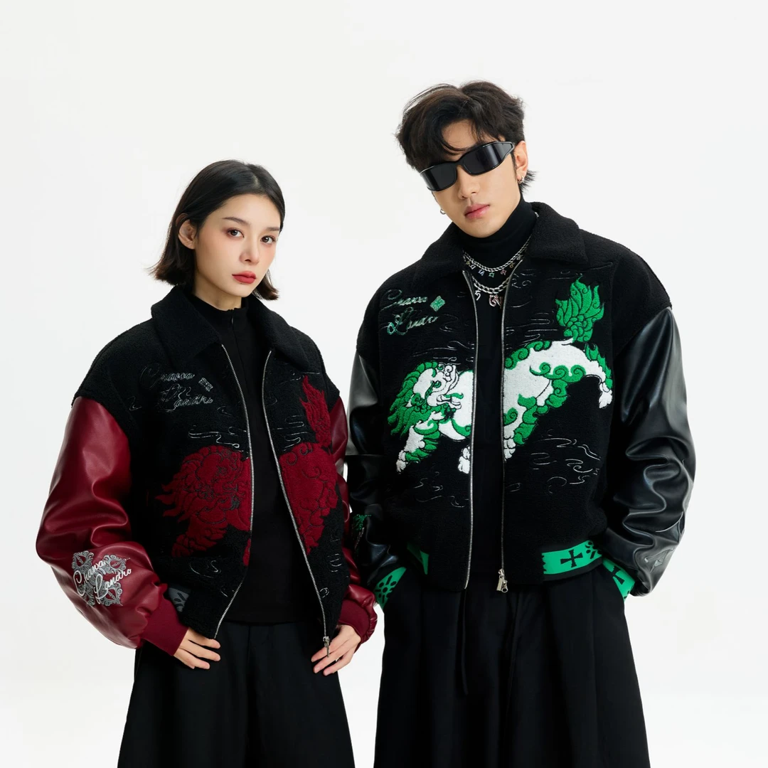 CHAWALANDRO秋冬加厚羊羔毛保暖外套翻领美式皮衣拼接国潮宽松