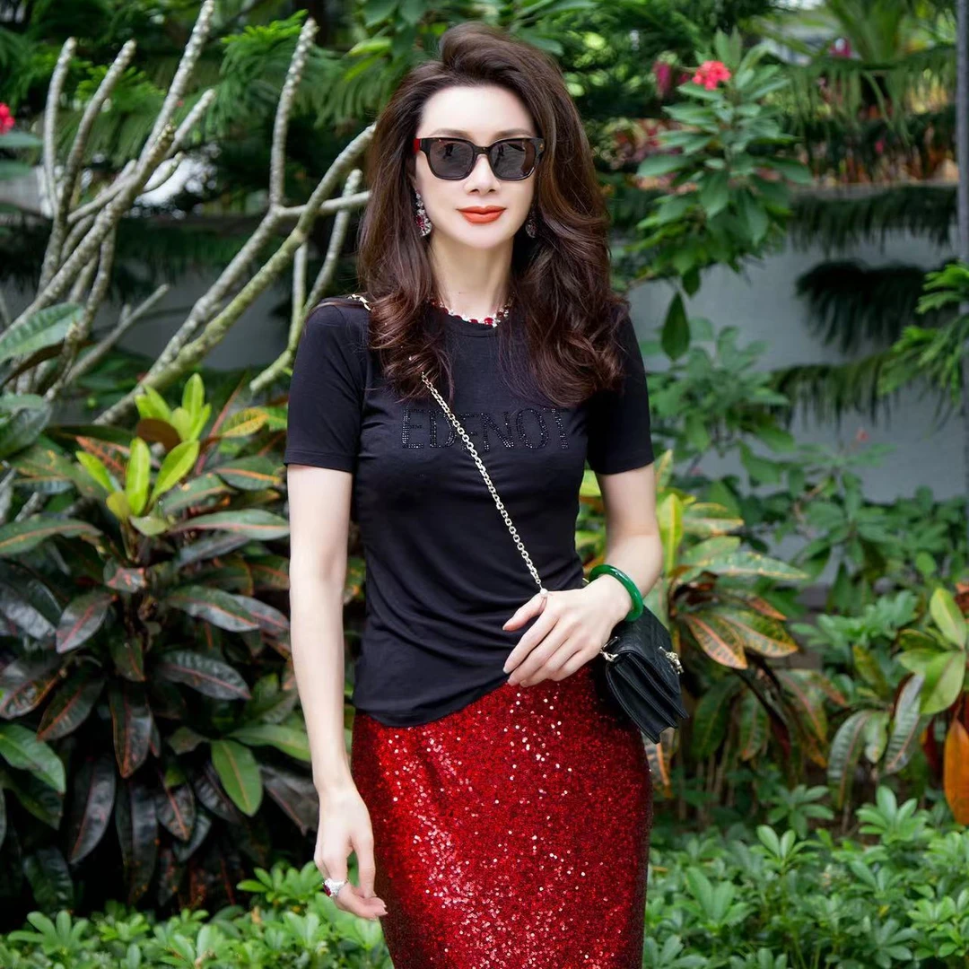 绿色/黑色/粉色EDFNOT短袖t恤夏季圆领女士通勤