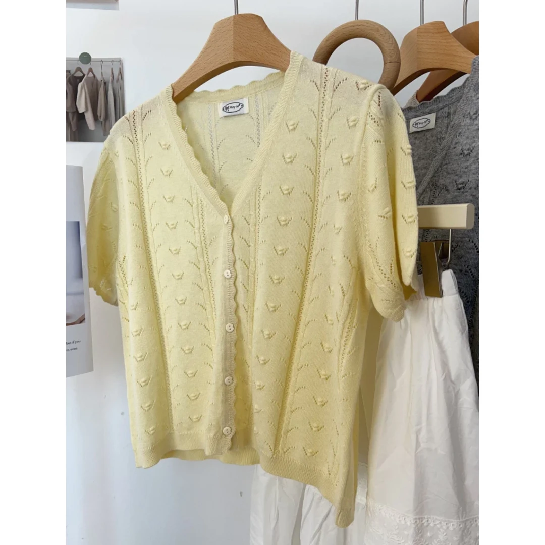 3180【钩花柔美V领开衫】春夏新品韩版薄款针织披肩空调衫女士上衣