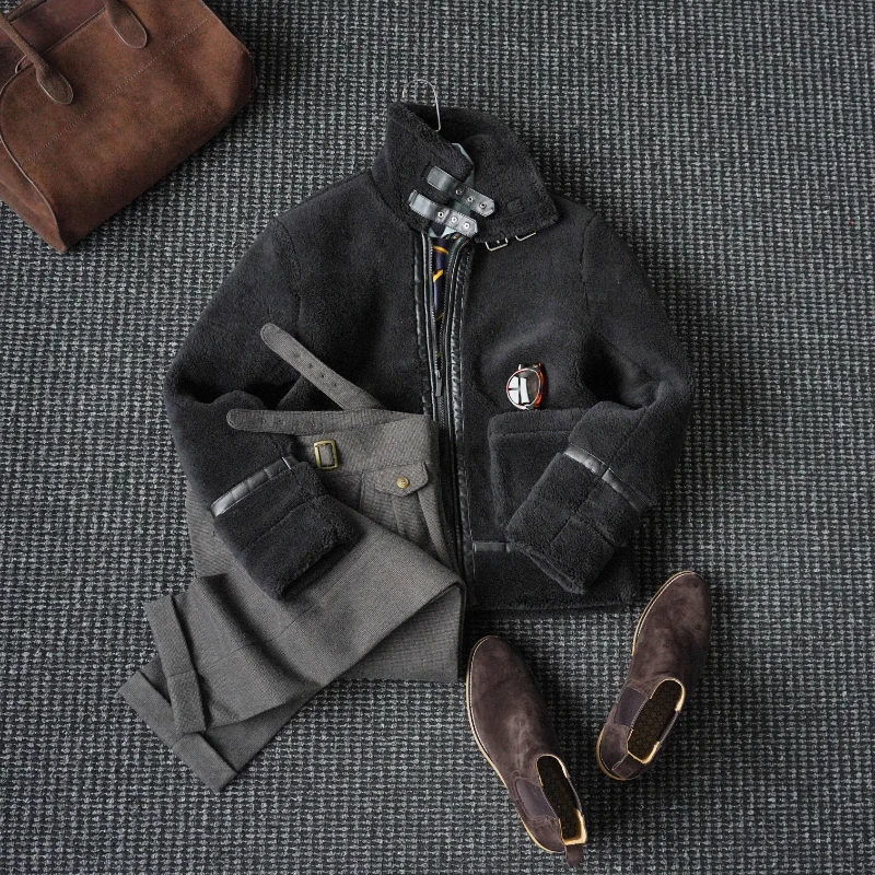 CssuGent高端轻奢黑色羊羔绒保暖外套男雅痞青年休闲高领翻领夹克