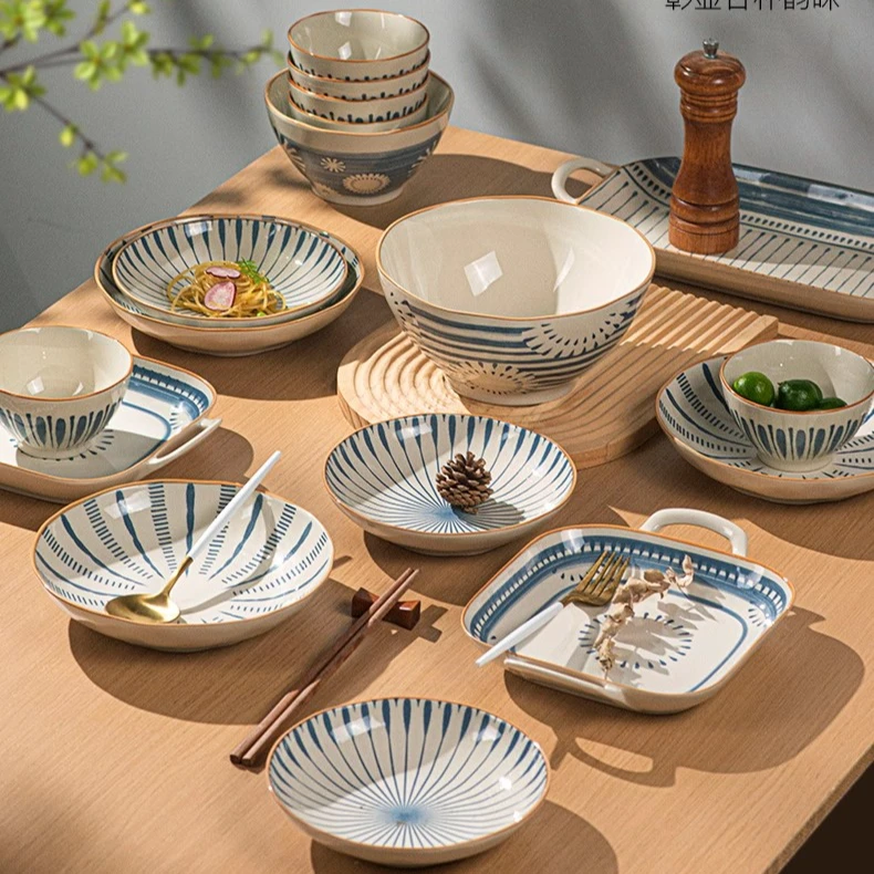 复古中式中式现代釉下彩餐具套装盘子网红陶瓷碟子