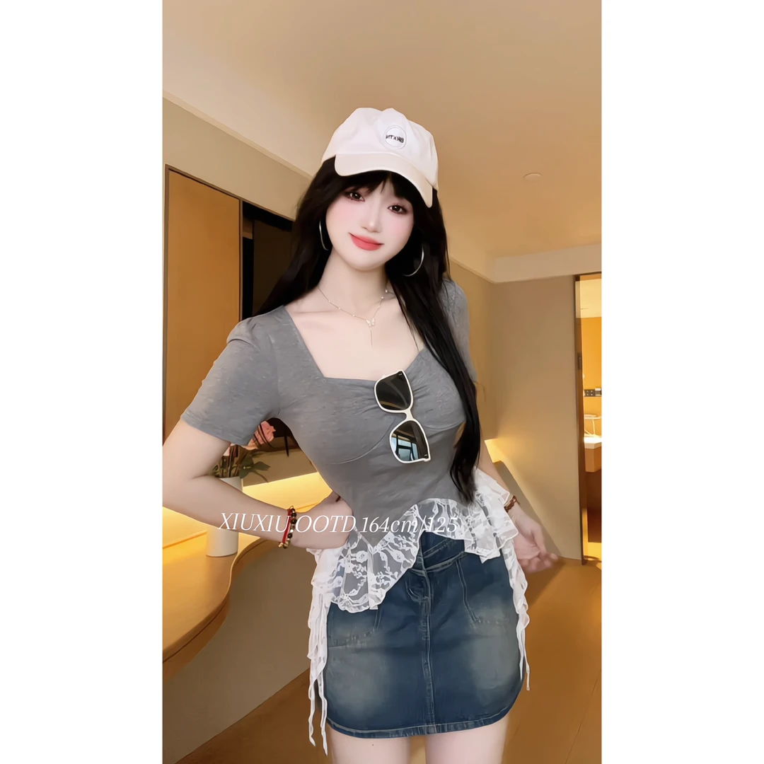 【清甜苏打】7850纯欲显瘦短袖T恤女夏季显瘦别致拼接蕾丝短款上衣