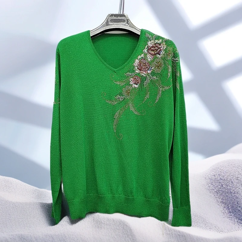 荣澜大码女装V领春秋装针织衫毛衣薄款中老年妈妈上衣3611款