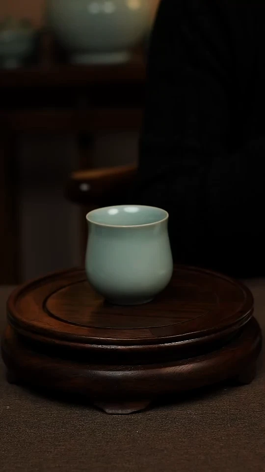 瓷片仿古天青全手工玉兰杯120ml 微瑕 不带礼盒