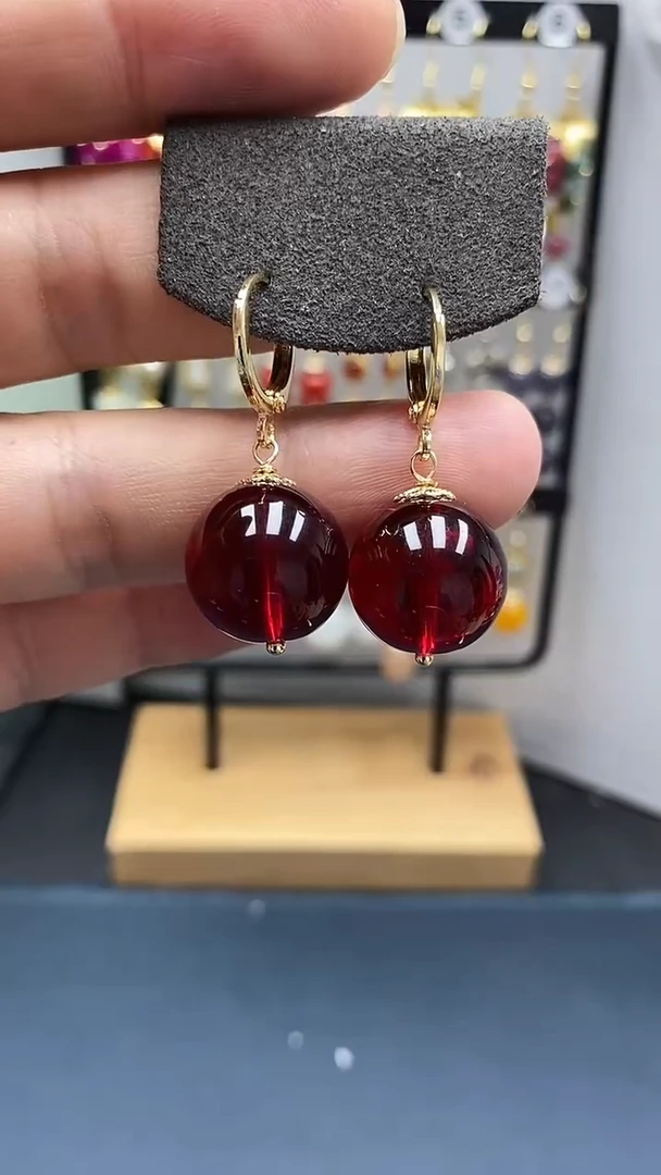 银S925镀金镶嵌血珀耳饰尺寸16mm耳扣07