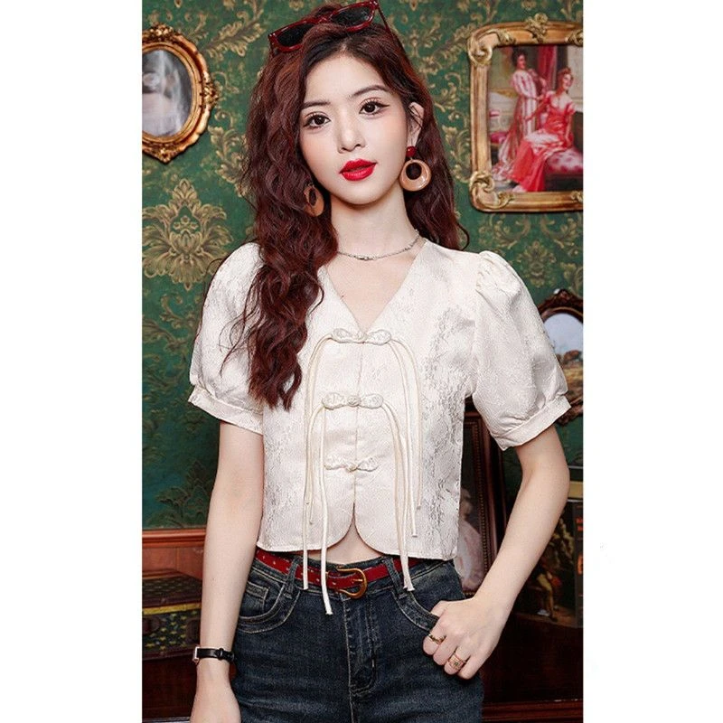 新中式国风盘扣衬衫女夏季2024新款泡泡袖短袖恤高级感短款上衣