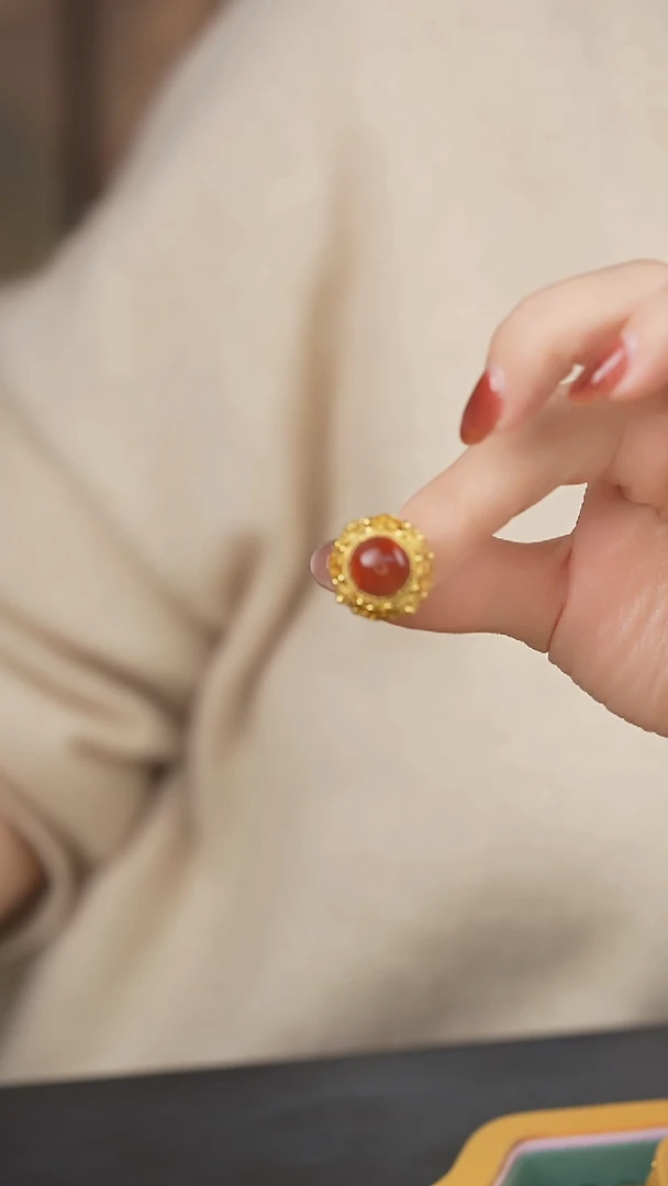 银S925镶嵌南红玛瑙戒指南红花丝戒指 国风珠宝