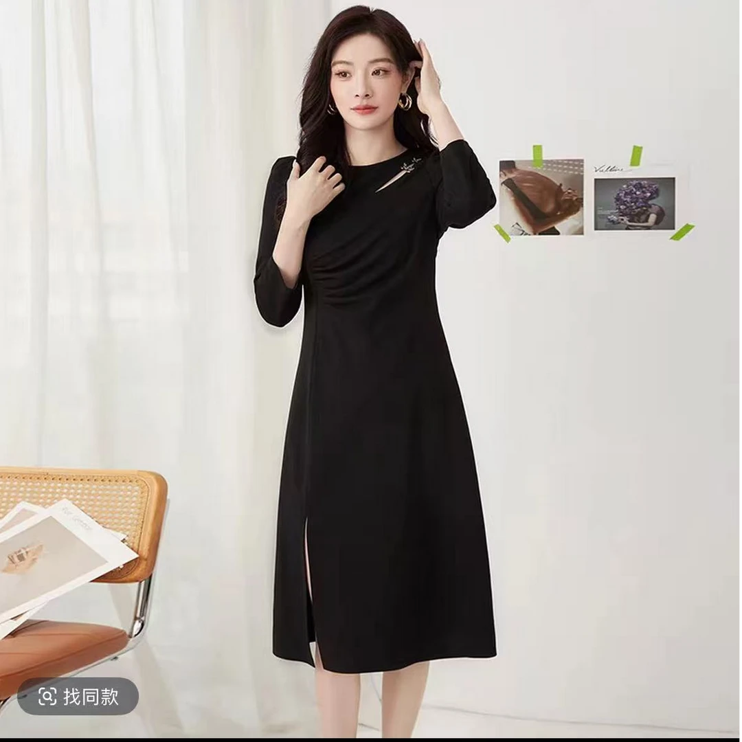 F1059 长裙秋季连衣裙拉链长袖拼接套头春季时尚中长款