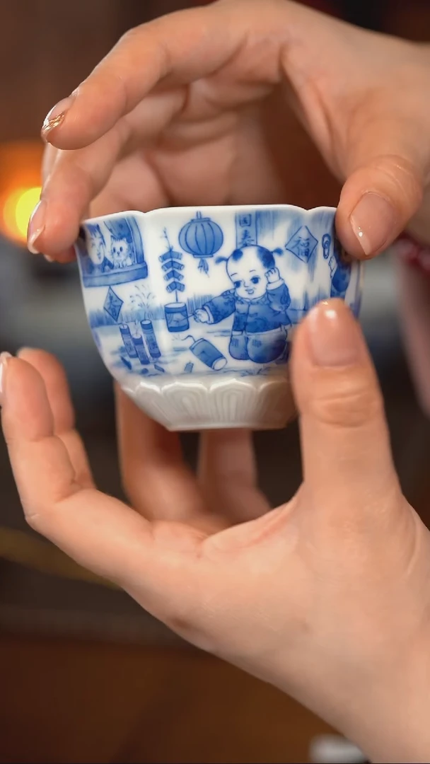 【闪购商品】正春堂·古法柴窑 六方葵口童子杯