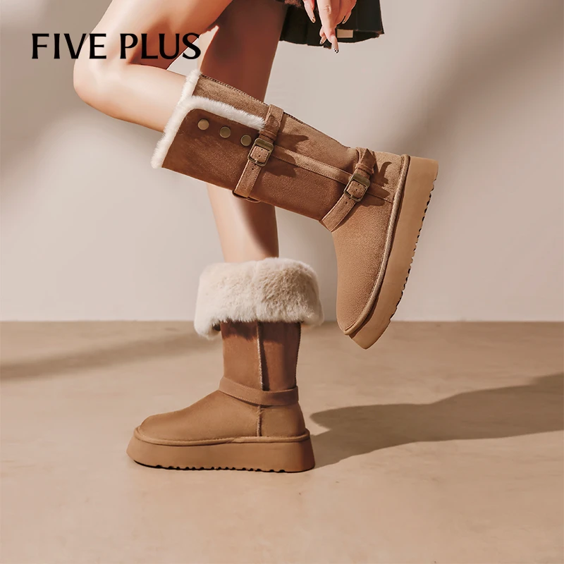 FIVE PLUS中筒翻毛雪地靴女2025年冬季新款加绒加厚东北外穿棉鞋