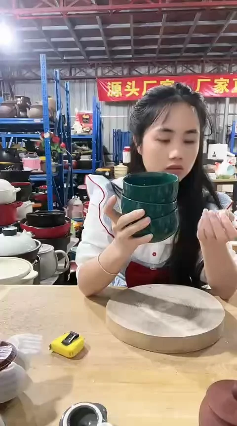 陶瑕疵绿色碗6个不圆釉不匀