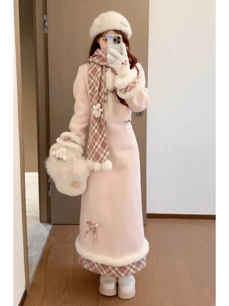 赫曼千金 冬季新款韩剧财阀千金设计感围巾毛呢上衣半身裙三件套