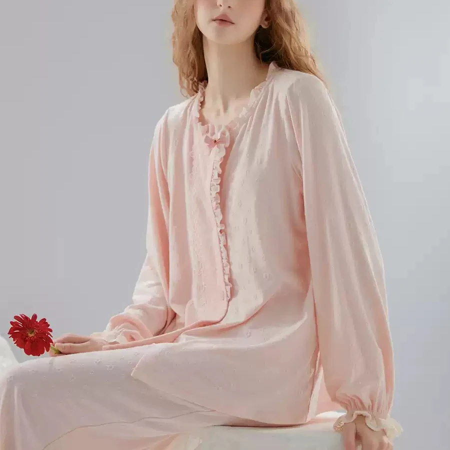 花朵棉睡衣春秋季新款纯睡衣女士长袖开衫舒适家居服套装1071