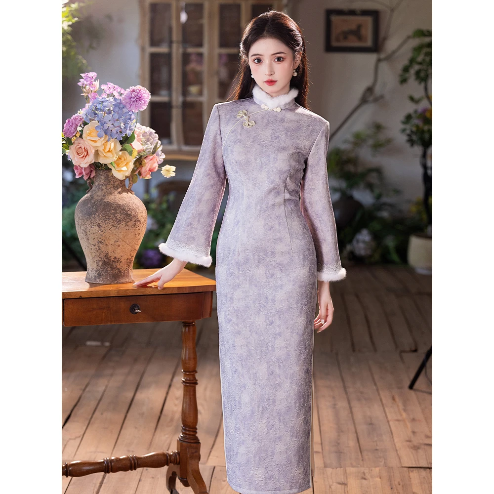 紫色新中式改良旗袍2025冬季新款加绒毛绒领连衣裙日常可穿年轻款