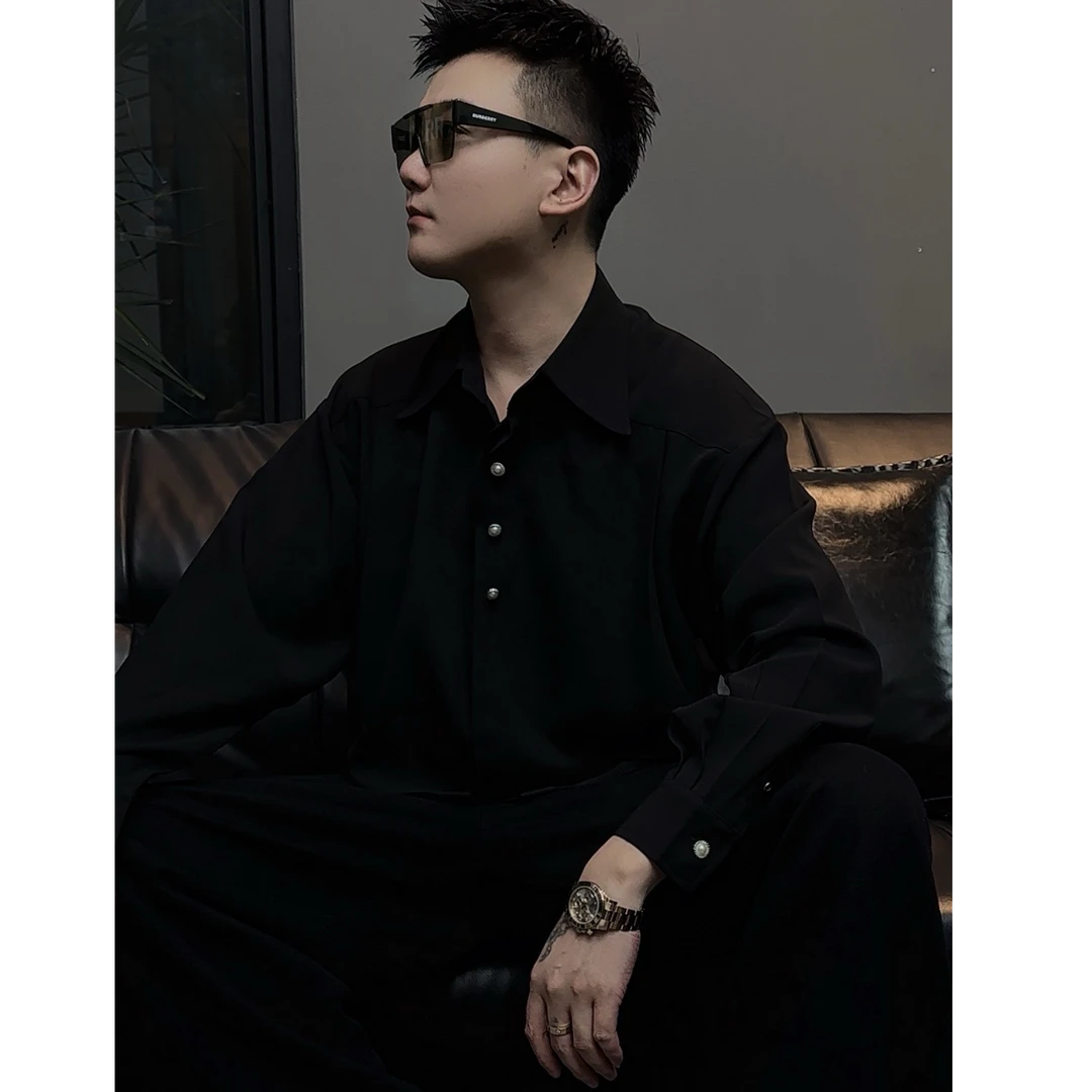 春秋季男士长袖衬衫法式珍珠扣设计高级感暗黑潮流设计感宽松衬衣