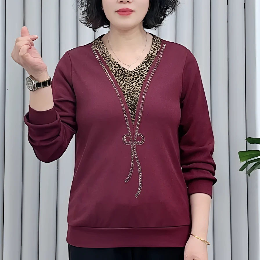 【清】宽松休闲女士V领烫钻气质打底衫纯色中年妈妈秋季长袖T恤女装