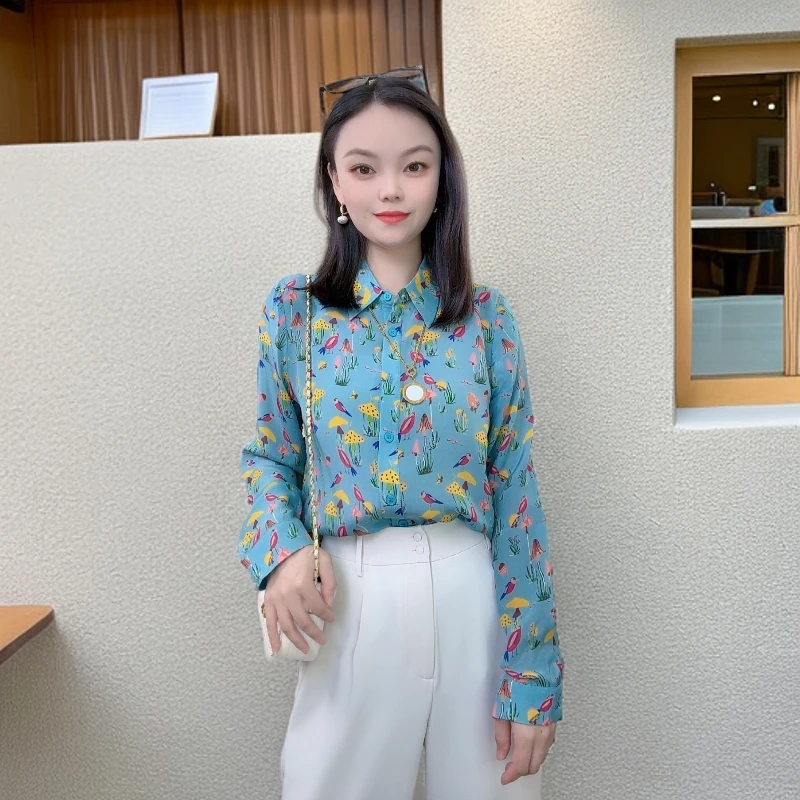 纯真丝桑蚕丝长袖衬衫女夏季2025年新款时尚印花百搭上衣女