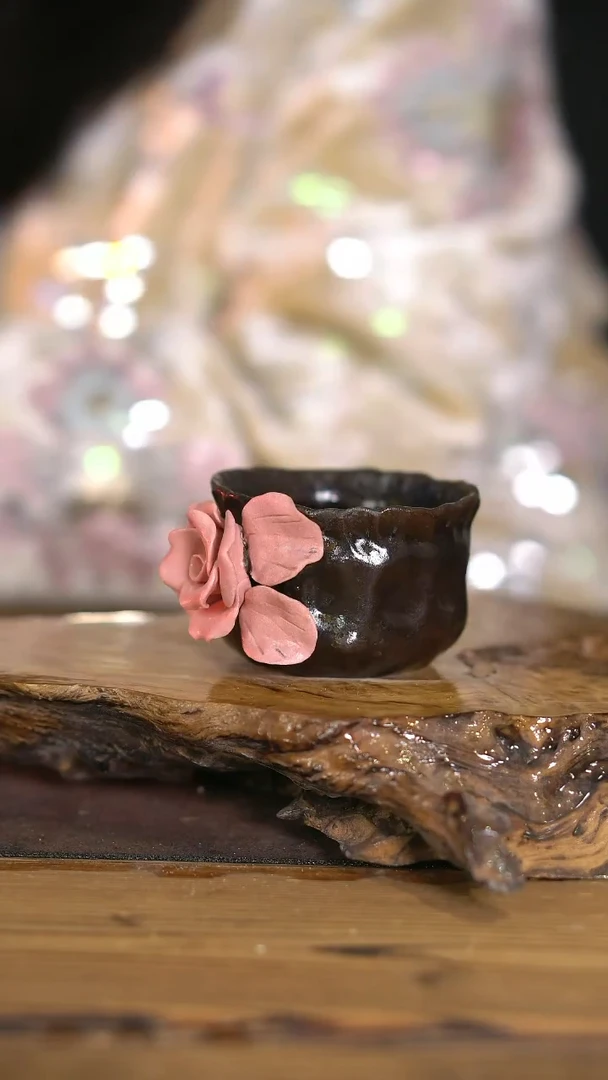 景德镇纯柴烧 乌金手捏粉玫瑰茶杯