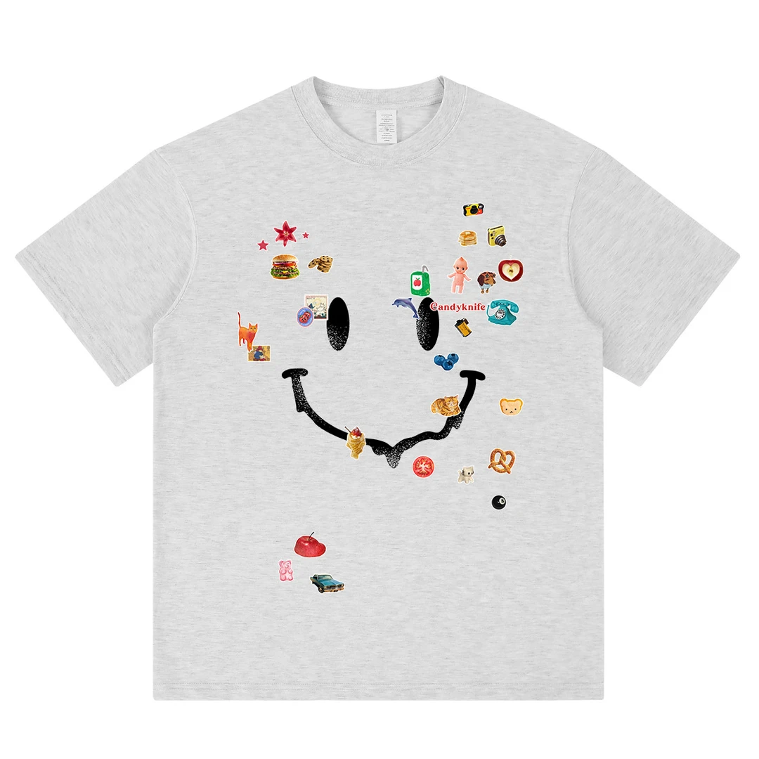 2025新款夏季圆领宽松笑脸涂鸦印花短袖t恤男纯棉潮流休闲上衣tee