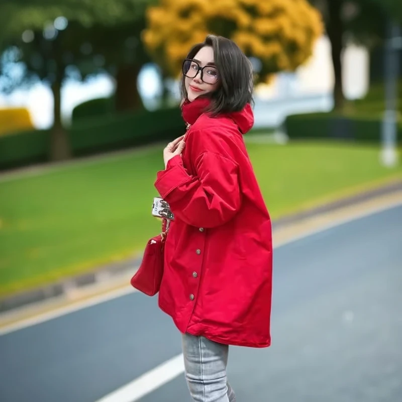 秋季女士连帽防风红色休闲韩版时尚百搭外套新款流行漂亮宽松洋气