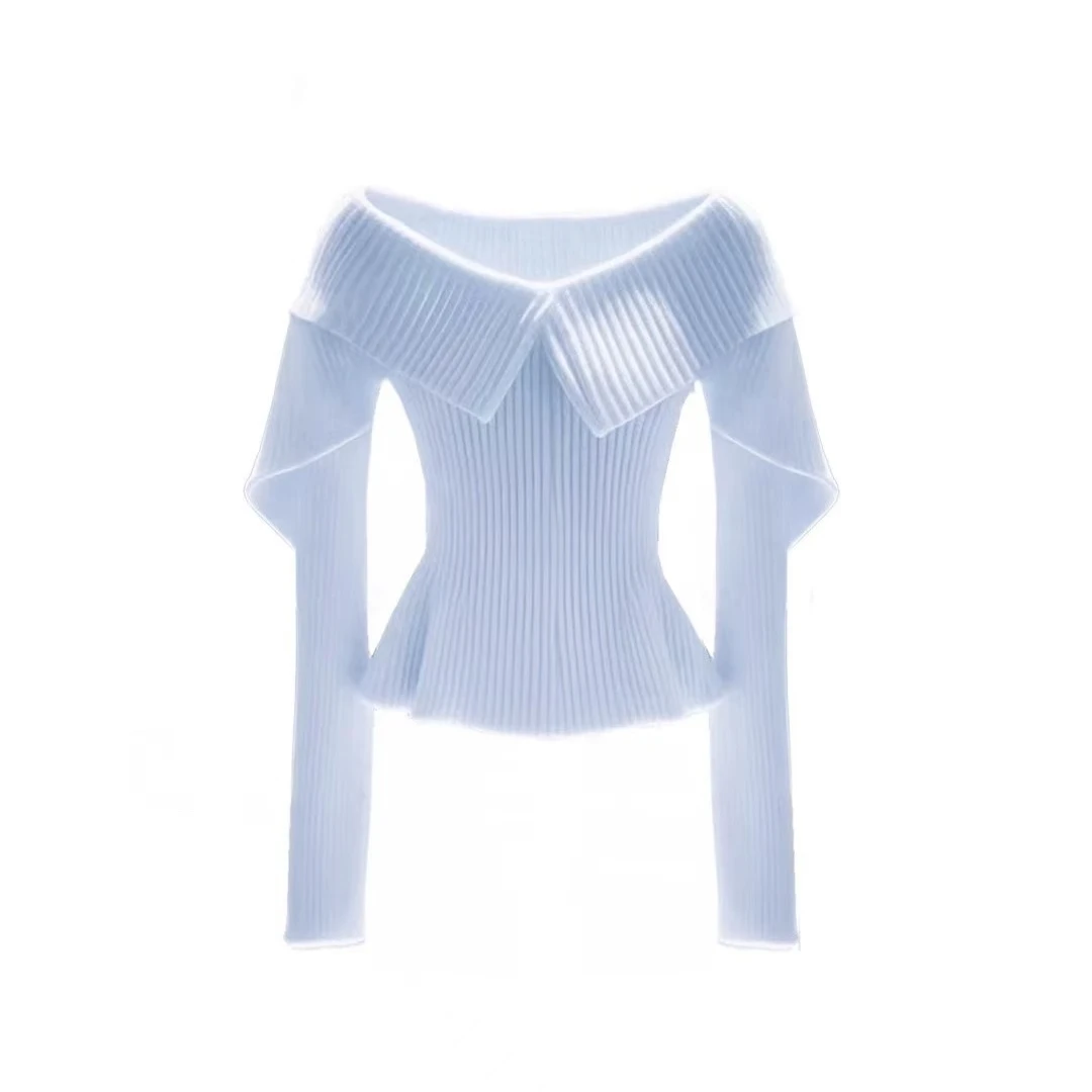 【现货】一字肩针织衫女2025年新款设计感小个子收腰显瘦长袖上衣