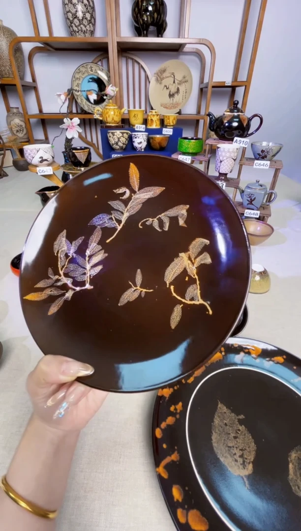 【特价直径399榆树叶赏盘】非遗大师手工高温瓷特价款