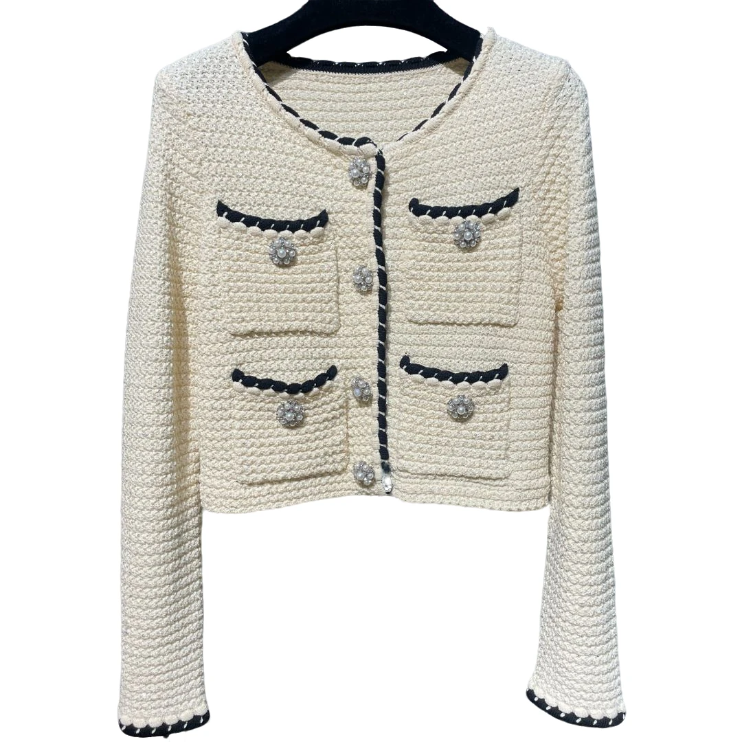 <猪猪出品>秋上新小香风四兜编织时尚米白色设计师针织开衫113