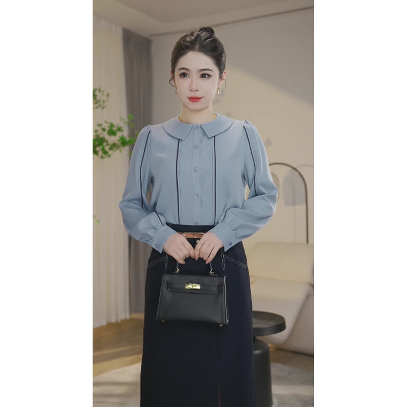 【曼曼甄选】欧若风2025新春衬衫女长袖8591533蓝绿色法式气质衬衣