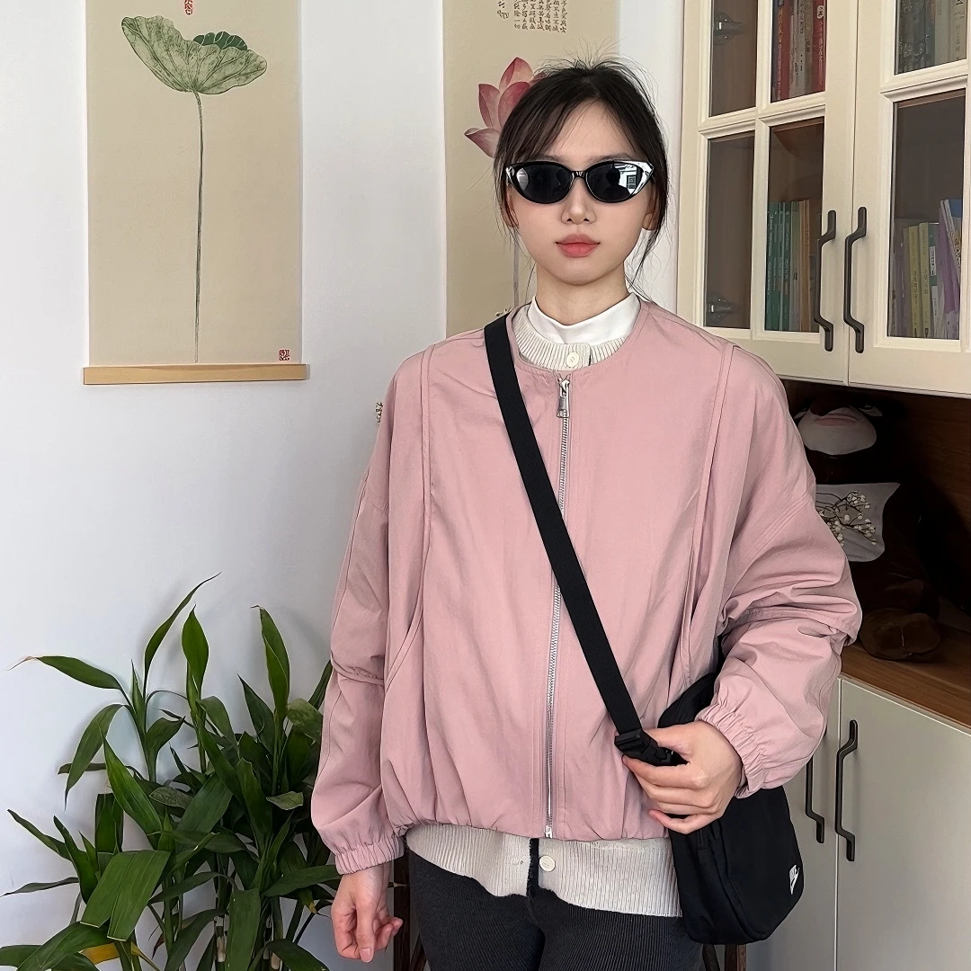 棉宽松型直下摆纯色圆领短外套开春简约风女士圆领春季多巴胺2号