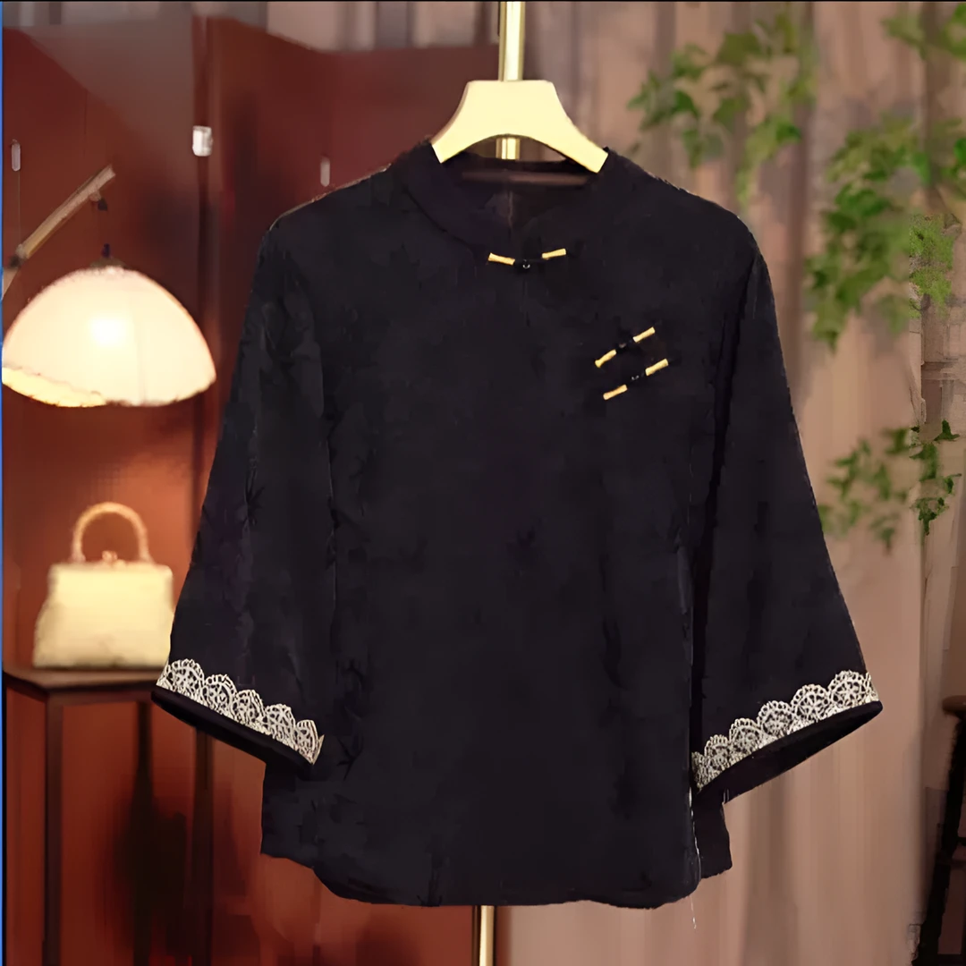 新品【斜襟盘扣】中袖植物花卉斜襟提花常规款上衣小衫时尚气质薄款