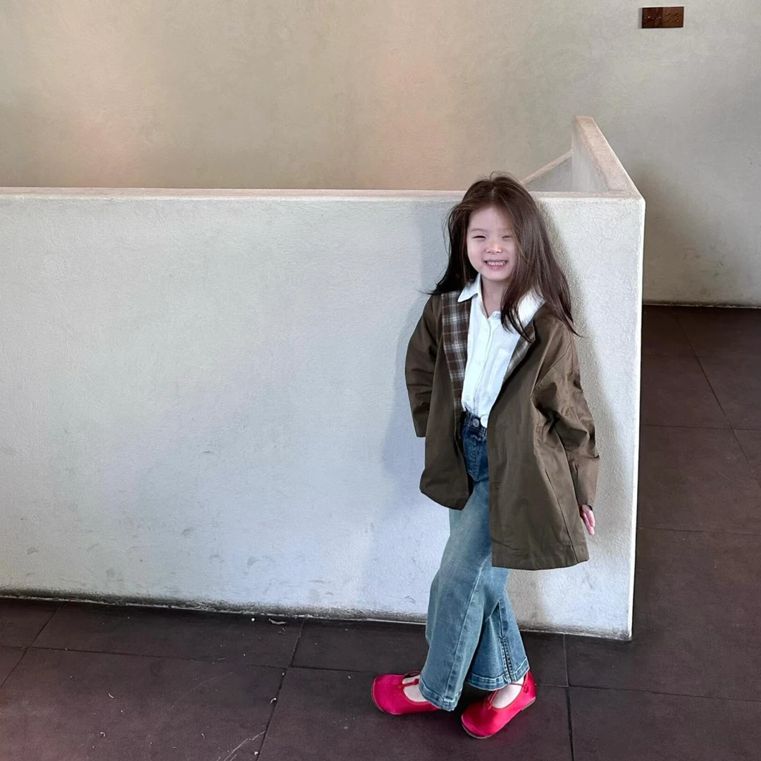 壹妈童装女童时髦套装早秋新款洋气女宝时尚美拉德风格子风衣外套