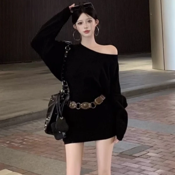 25早秋一整套韩版性感辣妹针织毛衣露肩套头毛衣女装包臀连衣裙