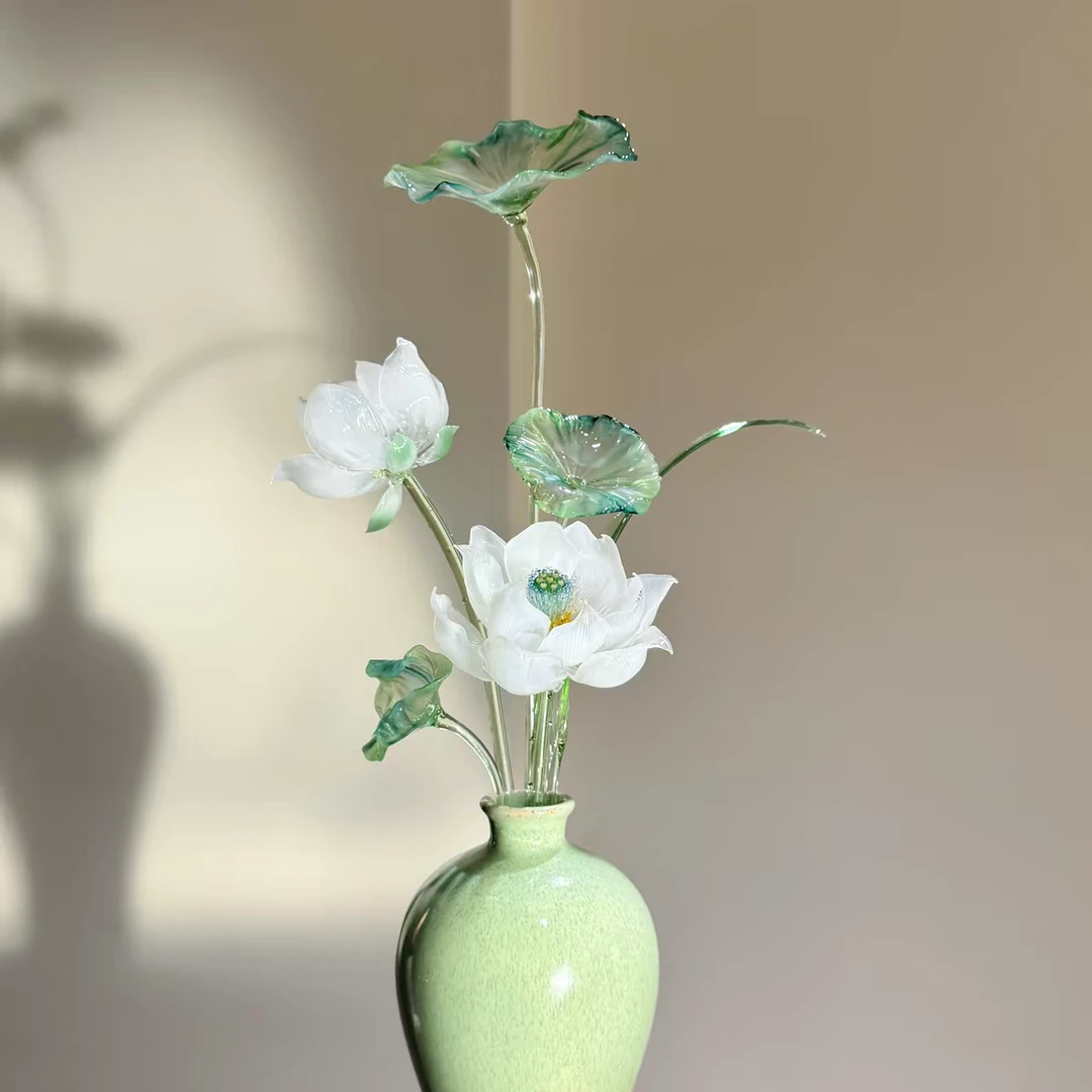 【清雅白莲】纯手工制作琉璃花玻璃荷花白莲居家玄关摆件供佛琉璃花