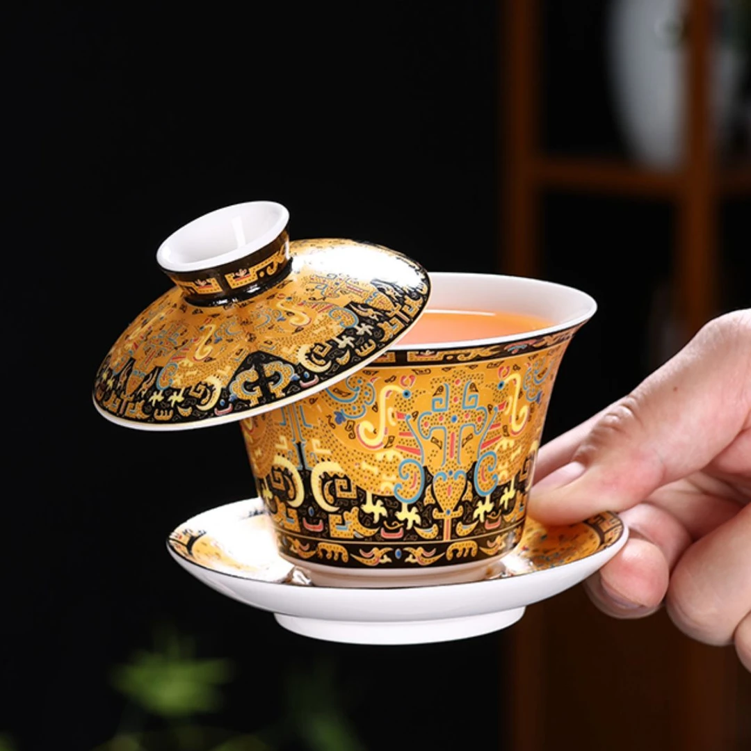 唐卡青花盖碗可悬停旋转防烫轻奢高端茶杯功夫茶具陶瓷茶碗带盖