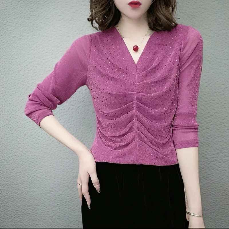 褶皱v领弹力网纱长袖t恤2025春秋新款时尚修身百搭洋气上衣