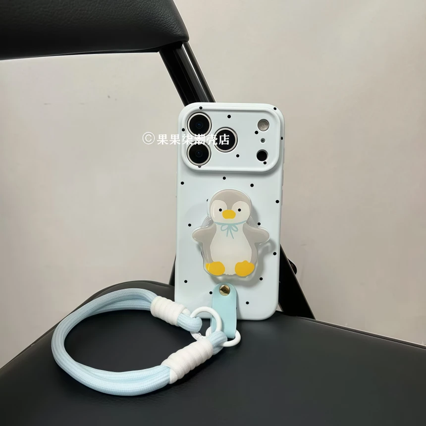 蓝底小波点企鹅支架适用iPhone17ProMax手机壳苹果16挂绳/15/1413