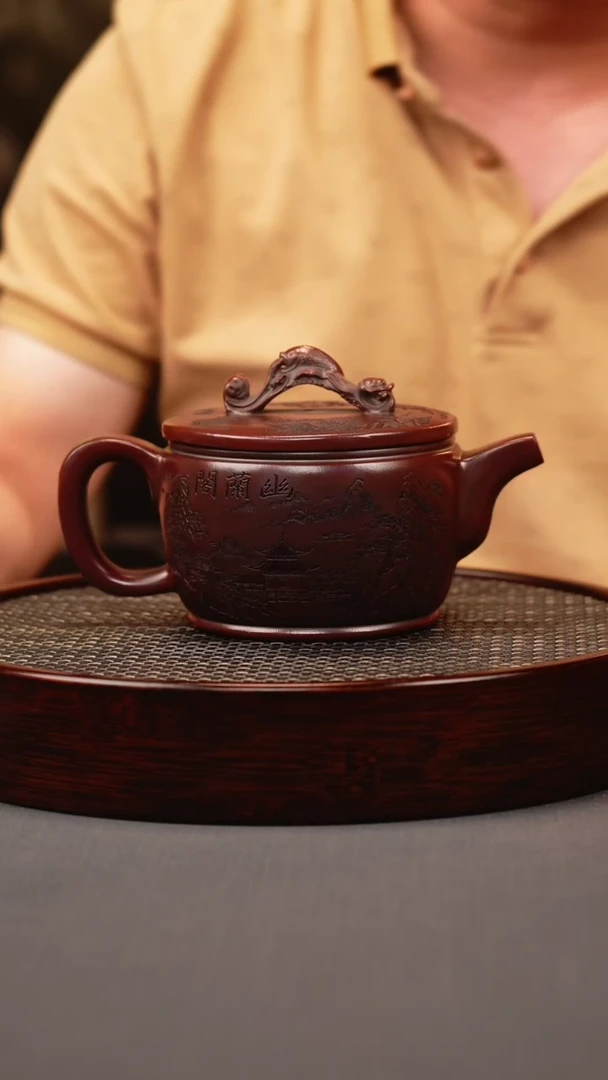 茶壶紫砂古红泥 如意汉瓦 刻绘