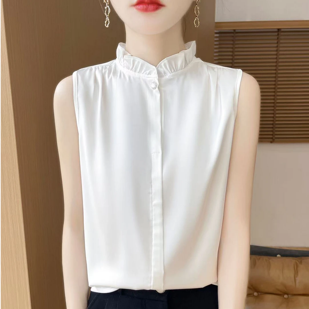 【悠悠专属】中式醋酸缎面无袖衬衫女内搭衬衣背心国风木耳领上衣