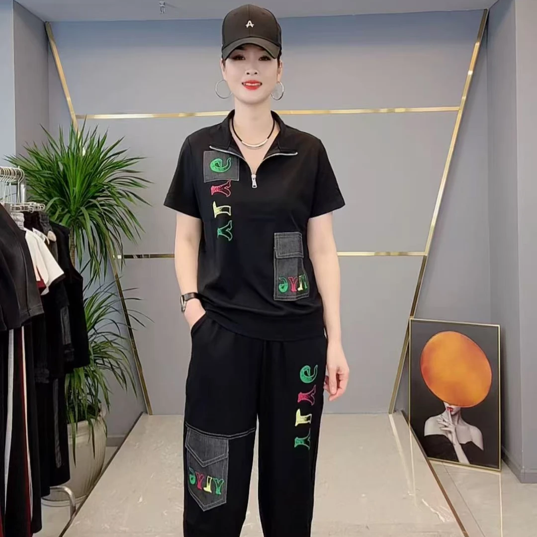 shishu/拾束2025夏季新款时尚半拉链字母印花休闲百搭套装KM2519