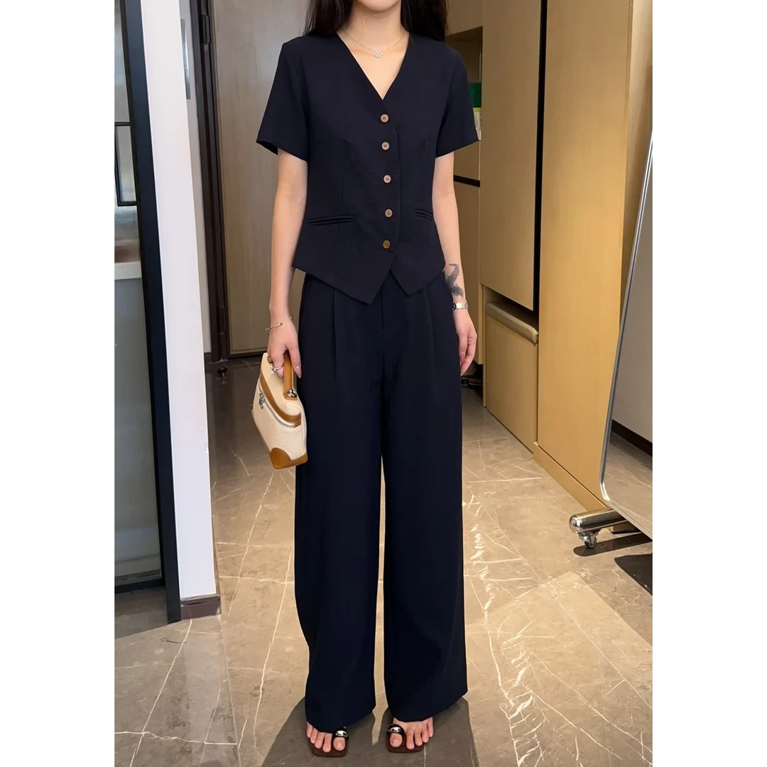 慵懒休闲套装女短袖衬衫高腰宽松阔腿裤减龄两件套